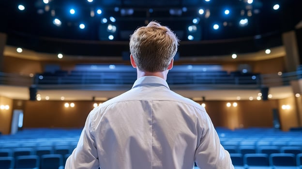 Man on stage facing audience, theater, lights, performance photo