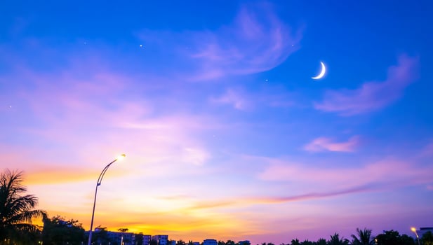 Twilight sky, crescent moon, city lights photo