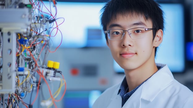 Scientist lab portrait, electronics background, research photo