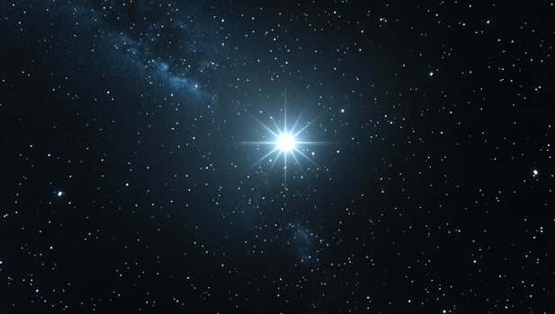 Bright star in dark space, cosmic background, astronomy photo