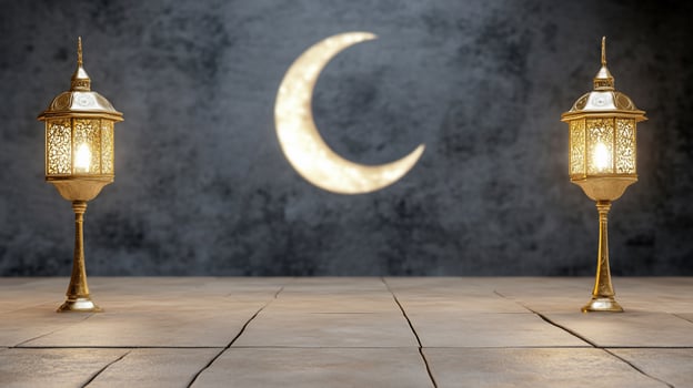 Illuminated lanterns, crescent moon, festive background. Holiday greeting photo