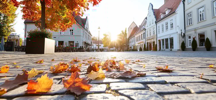 Autumn leaves on cobblestones, European town square, sunny day, background cafes photo