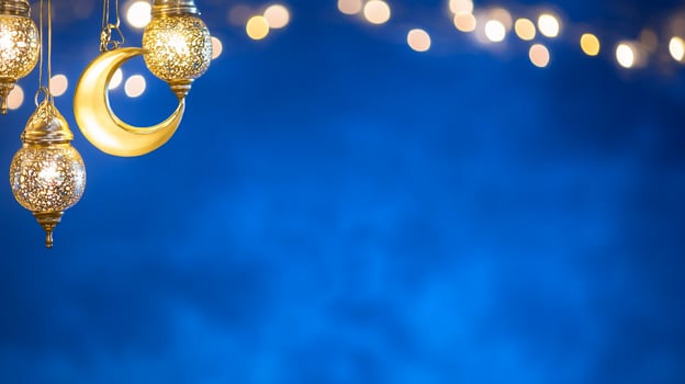 Ramadan lanterns crescent moon night bokeh background greeting photo
