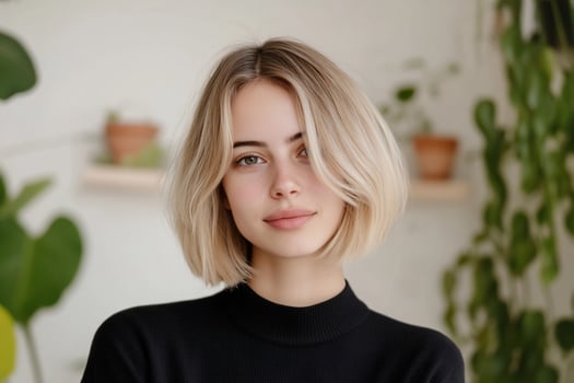 Woman, blonde bob, indoor plants, subtle smile, portrait photo