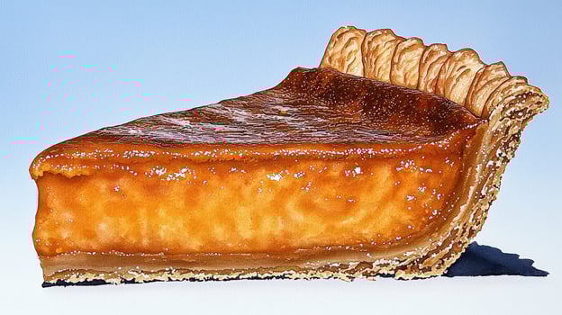 A Slice of Golden Brown Pumpkin Pie on Light Blue Background photo