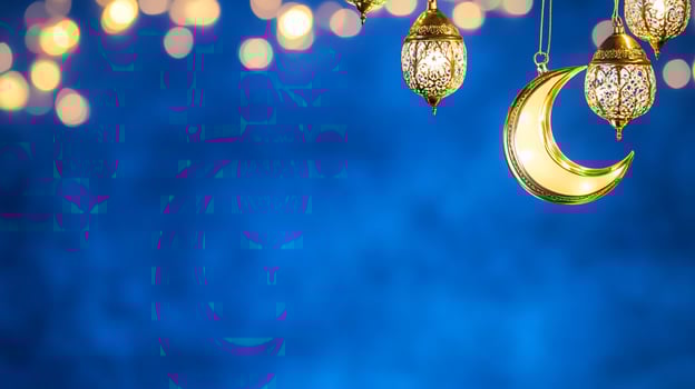 Ramadan crescent moon lanterns bokeh background photo