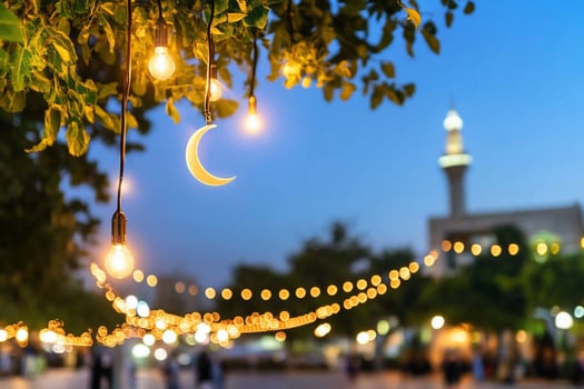 Festive Ramadan night, city square, crescent moon lights, mosque background photo