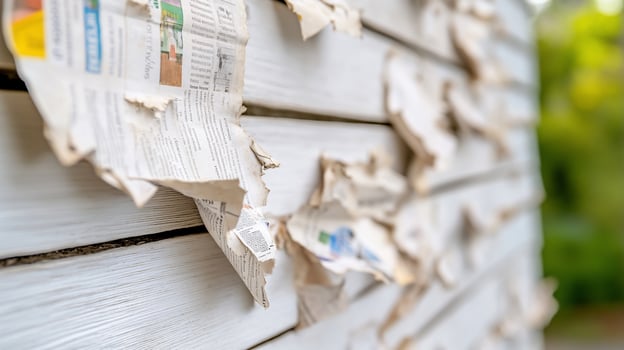 Torn newspaper posters on white wood fence, blurred green background urban decay texture photo