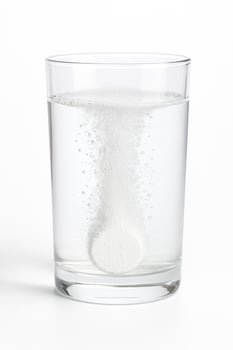 Clear glass of water with an effervescent tablet dissolving and fizzing, isolated on a clean white background with soft shadow and bubbles. Unbranded studio shot for health and wellness themes. photo