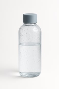 Clear reusable plastic water bottle with matte gray cap and condensation droplets, isolated on a clean white background with a soft studio shadow. photo