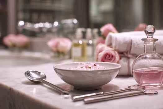 Dark stone spa table with salt bottles and fresh orchid flowers creating a soothing serene scene photo