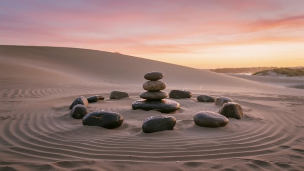 Harmonious Balance - A Zen Cairn and Stone Circle on Rippled Sand at Sunset photo