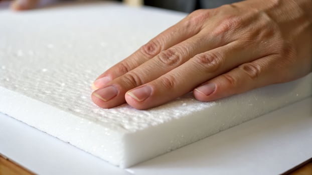 Soft styrofoam sheets being touched by hand showing texture and thickness with natural light highlighting white material surface photo
