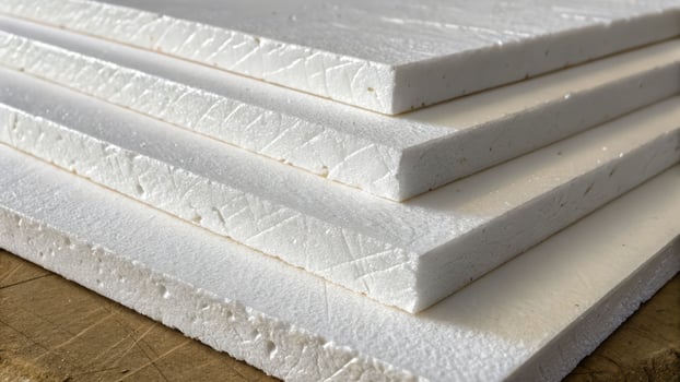 Styrofoam sheets stacked in layers showing texture and thickness with soft natural light highlighting white foam material surface photo