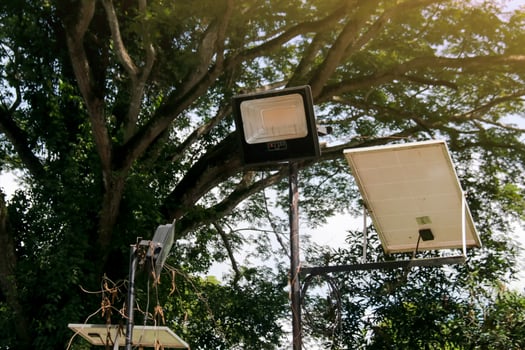 Solar Powered Spotlight with Blurred Green Trees photo