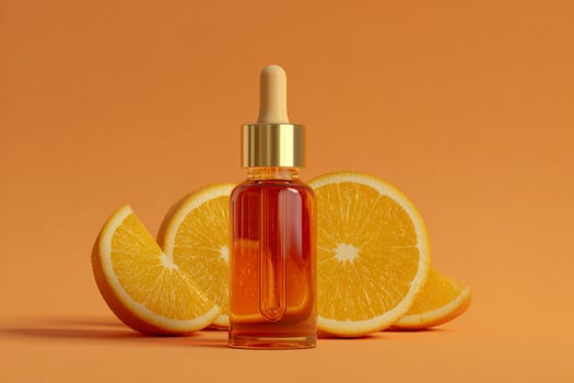 Bright and refreshing flatlay with vitamin C serum dropper and orange slice for a healthy beauty scene photo