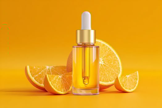 Natural skincare setup featuring vitamin C serum and orange slice on clean surface for wellness aesthetic photo