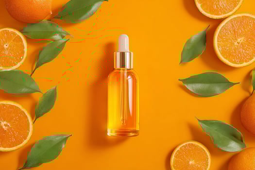 Vitamin C serum dropper bottle next to fresh orange slice for a bright and natural skincare flatlay photo