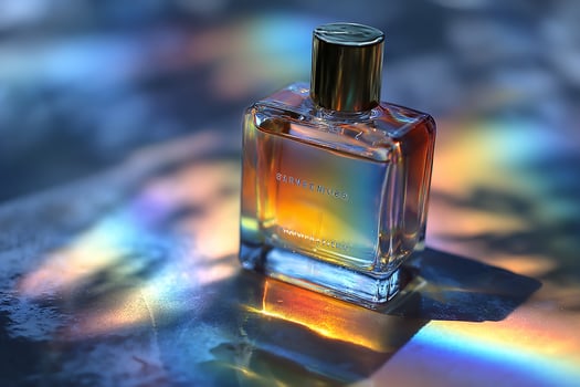 Colorful perfume bottle on reflective surface photo