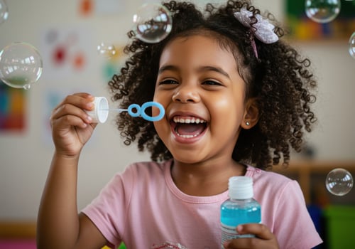 A happy young girl blowing bubbles with a wand, enjoying a playful outdoor activity photo