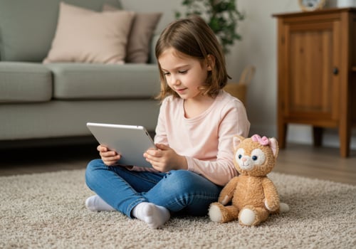 A young girl sits on the floor playing with a tablet, accompanied by her teddy bear photo