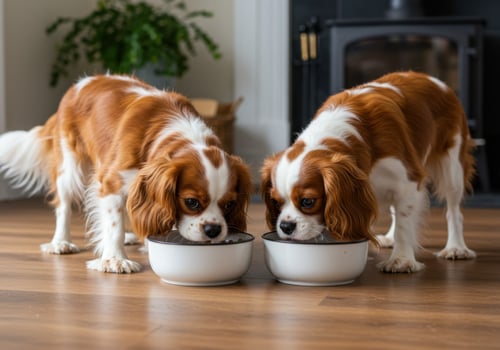 Two cavalier king charles spaniels eating from their bowls on a wooden floor photo