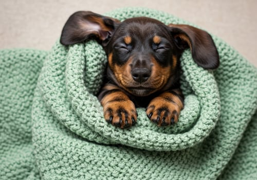 Adorable dachshund puppy sleeping soundly wrapped in a cozy green knitted blanket photo