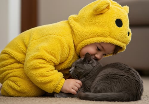 A child in a yellow bear costume gently pets a grey cat photo
