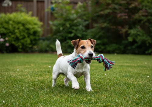 A jack russell terrier dog runs across a green lawn with a colorful rope toy in its mouth photo