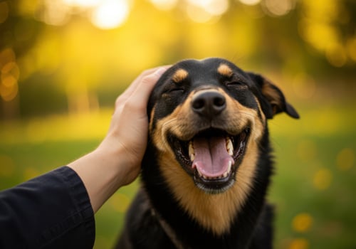 A happy dog with its head being petted by a hand in a park during sunset photo