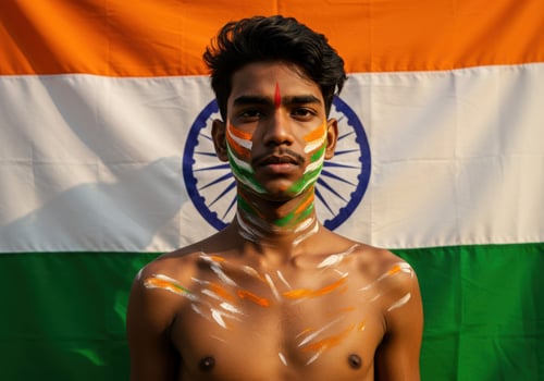 A young indian man with his face and body painted in the colors of the national flag, expressing patriotic fervor photo