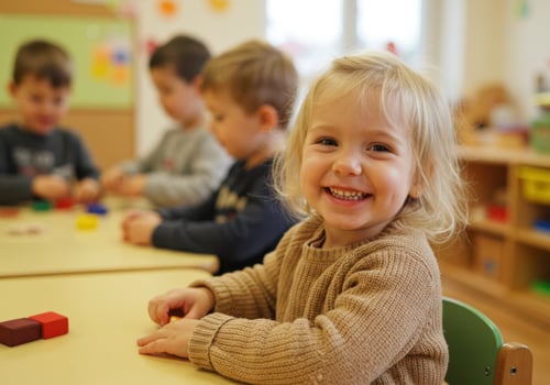 A joyful toddler smiles brightly in a classroom setting with other children blurred in the background photo