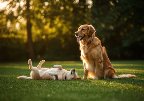 Two golden retrievers playing in a grassy park during sunset photo