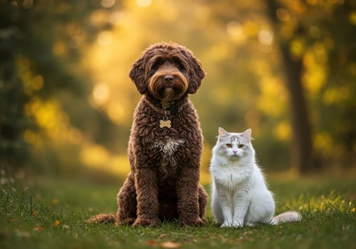 A fluffy brown dog and a white cat sit together in a sundappled autumn park photo