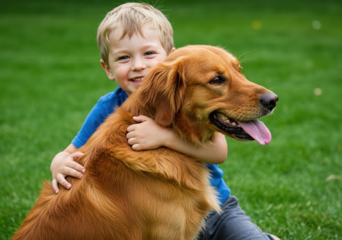 Young boy hugging his golden retriever dog in a park photo