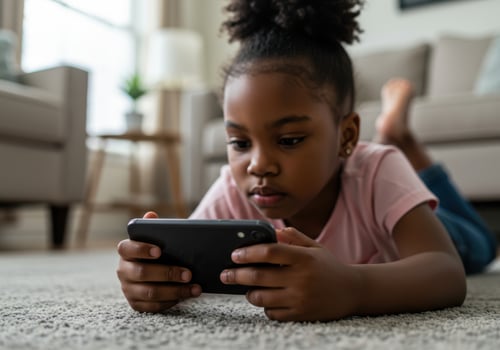 Young african american girl lying on the floor playing a game on her mobile phone photo