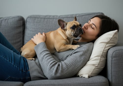 A french bulldog gives a woman a kiss on the cheek while relaxing on a sofa at home photo