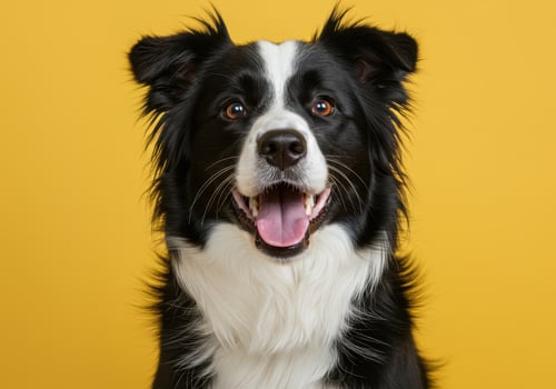 A border collie dog with a happy expression on a bright yellow background photo