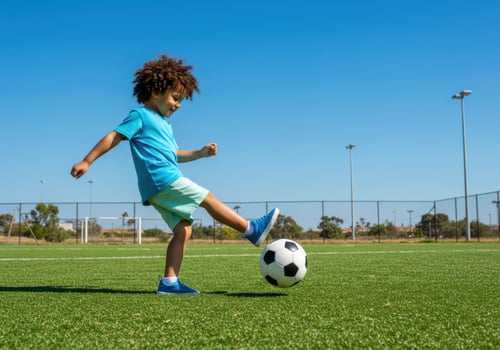 Young boy kicking a soccer ball on a sunny day on a green field photo