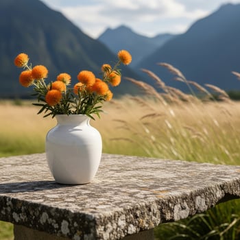 Rustic Still Life - Orange Craspedia Flowers Against a Majestic Mountain Vista. photo