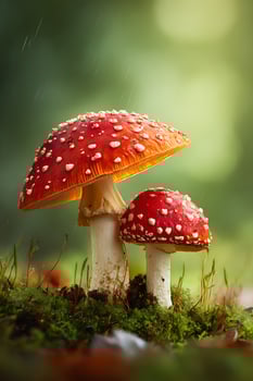 Red mushrooms in a green forest photo