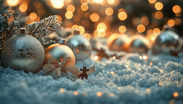 Christmas Ornaments and a Puzzle Piece Amidst Snowy Decor With Glowing Lights in a Festive Setting photo