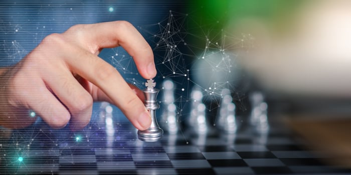 Business strategy and innovation concept using chess metaphor, with king piece move symbolizing decision-making, leadership, digital transformation, and intelligent planning in tech-driven economy. photo