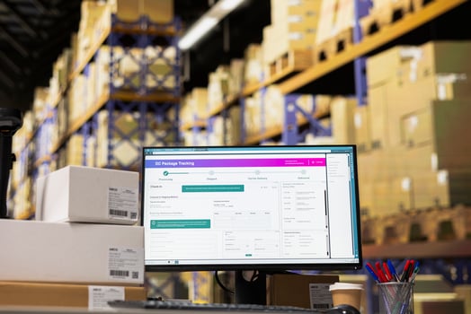 Industrial professional space supporting barcode tracking for large business, airway bills shipment details on a tracking software. Logistics efficiency for local and global distribution. photo