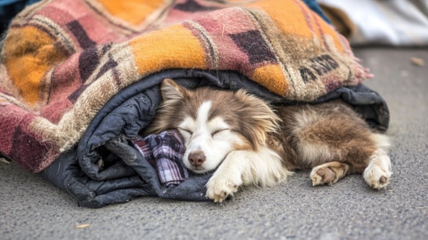 A dog sleeping under a blanket on the street photo