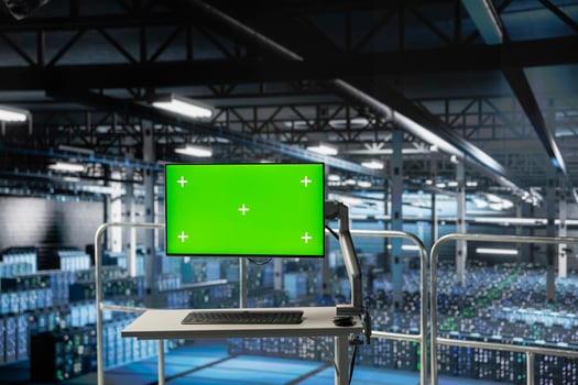 Green screen isolated display on data center industrial platform showcases hardware status. Chroma key screen tracking servers processing machine learning datasets in elevated environment. photo