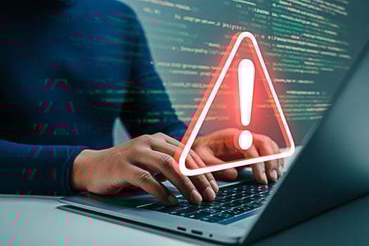 Cybersecurity threat detection and prevention for laptop user with warning sign alert online safety 100 photo