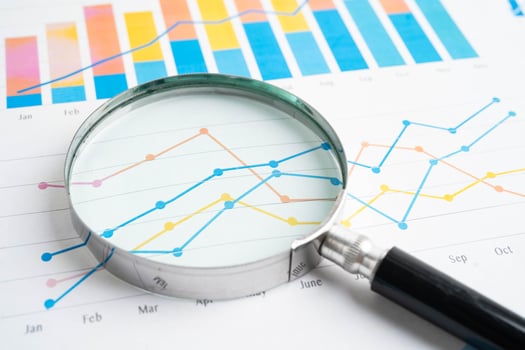 Magnifying glass on charts graphs paper. Financial development, Banking Account, Statistic, Investment research data photo