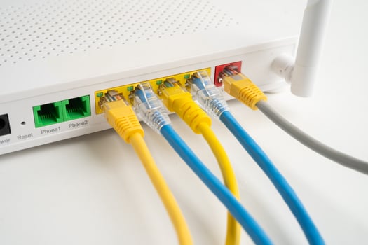 Ethernet cable with wireless router connect internet network. photo