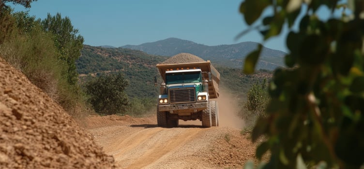 A large dump truck loaded with gravel drives along a dirt road through a mountainous landscape. photo